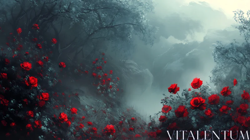 Red rose bushes stand in foggy, desaturated forest valley