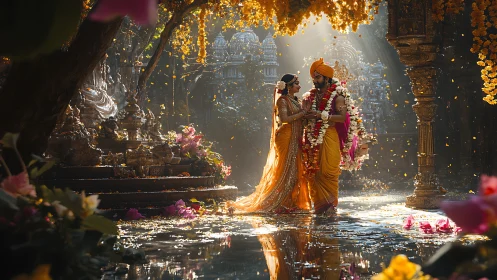 Golden temple wedding scene glows with gentle sacred light