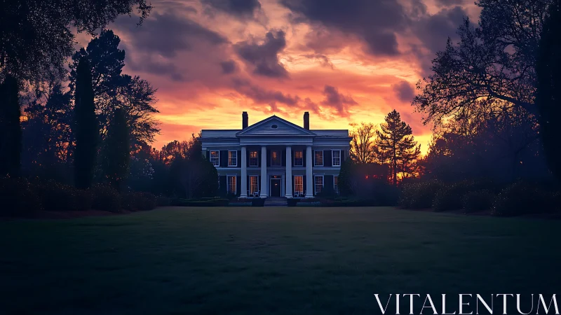 Photorealistic neoclassical mansion at dramatic sunset horizon.