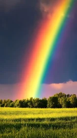 Sunlit meadow glowing beneath a bold stormy rainbow.