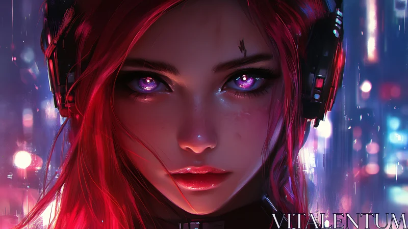 Neon city girl with glowing eyes and vivid magenta hair.