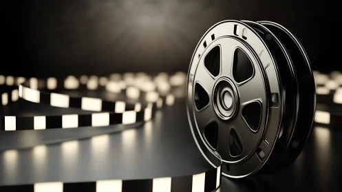 Metal film reel with glowing strip on dark reflective surface.