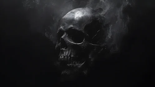 Human skull rendered in smoke and shadow on dark field.
