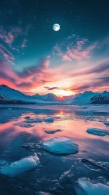 Glowing polar sunset welcomes icy peaks and mirrored moonlight