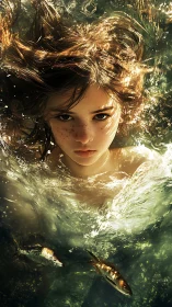 Wild river gaze with freckled swimmer and silver fish.