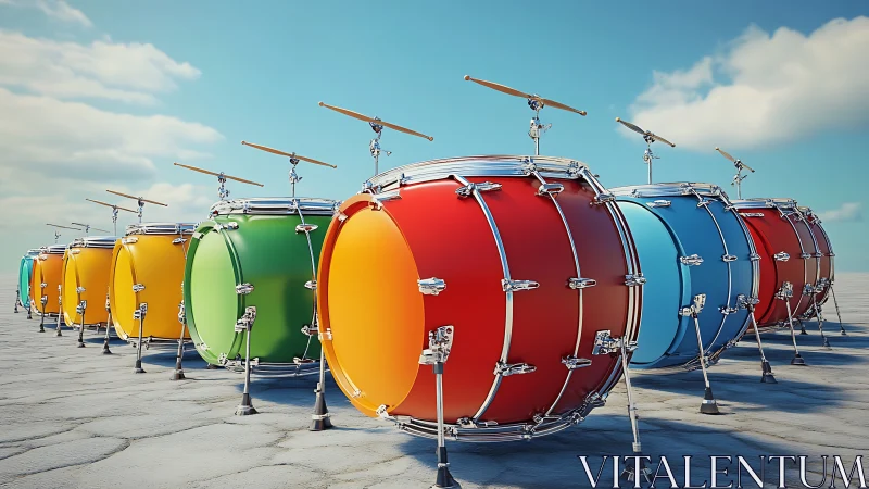 Colorful bass drums align on sunlit stone plaza