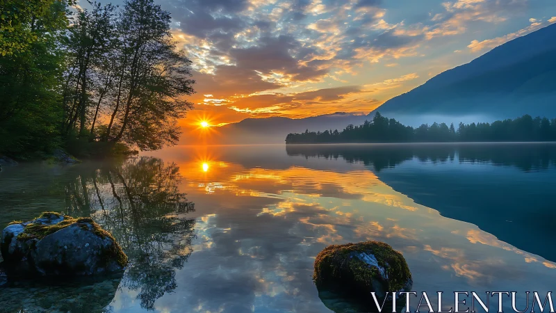 Tranquil mountain lake sunrise reflects glowing clouds