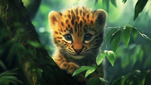 Emerald gaze unfolds where wild cubs meet woven greenery.