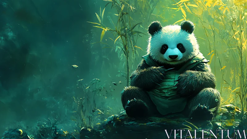 Gentle panda guardian rests in a glowing bamboo forest
