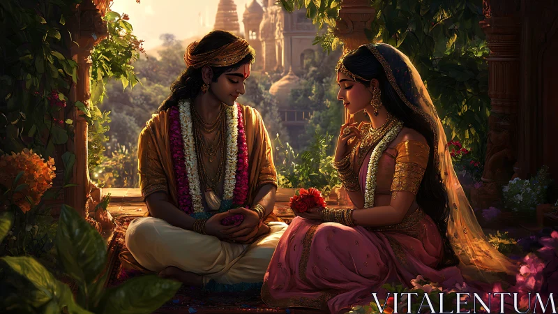 Luminous devotional couple in verdant temple courtyard at dusk.