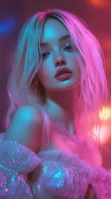 Neon lit portrait of blonde woman in shimmering gown.