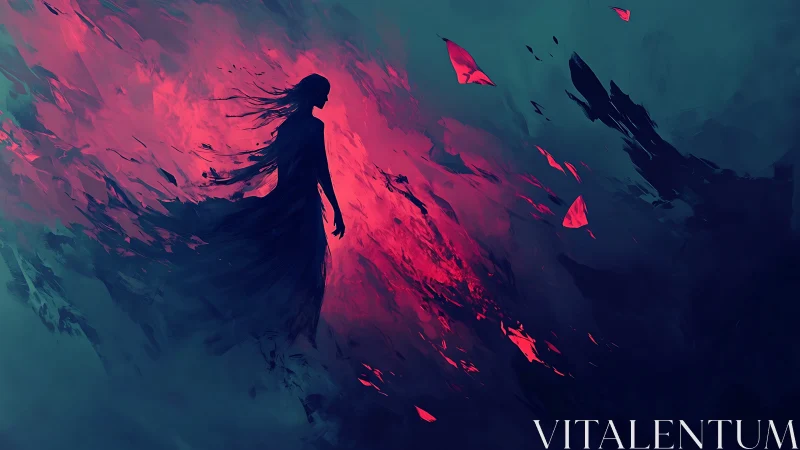 Silhouette drifts through aurora flame where darkness unravels.