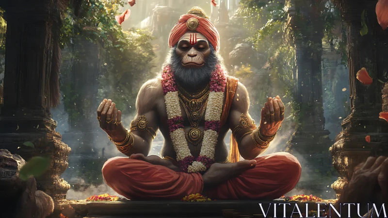Hanuman-inspired monkey deity meditating in jungle temple.