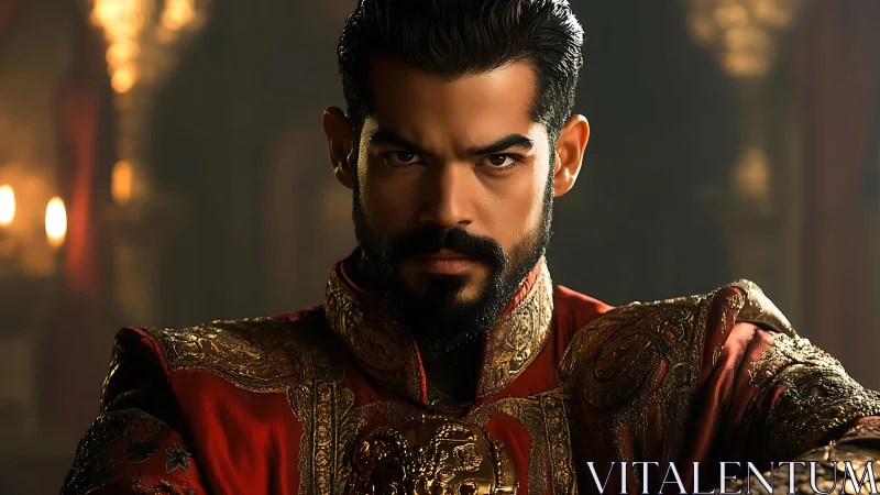 Regal warrior in ornate red and gold ceremonial armor.