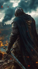 Armored knight with longsword surveying incendiary siege zone.