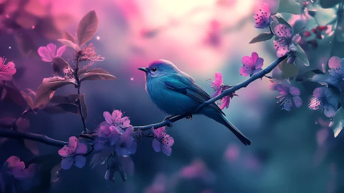 Chromatic songbird on bokeh-soaked blossom lattice branch.