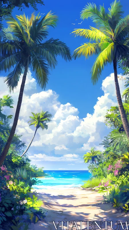 Tropical Beach Vista Through Palm Trees.