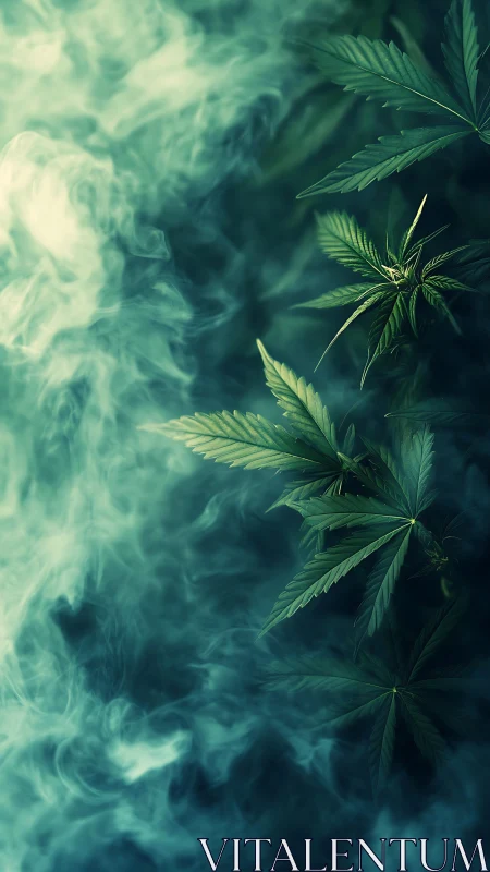 Gentle green leaves drifting through soft swirling mist.