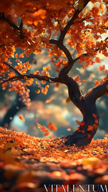 Autumn tree with falling orange leaves on forest floor.