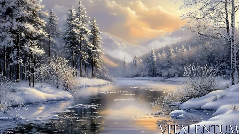 Snow-covered river and conifer forest under winter sunrise.