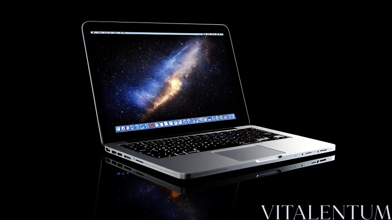 Sleek aluminum laptop with starfield display on glossy black.