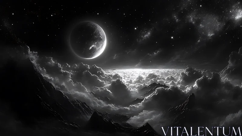 Lunar-illuminated cloud ocean over jagged alpine silhouettes.