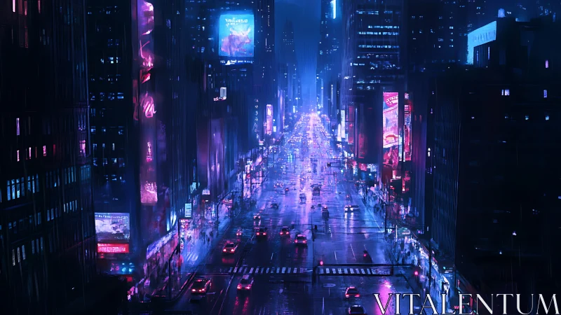 Neon city avenue glows through rainy cyberpunk nightscape.
