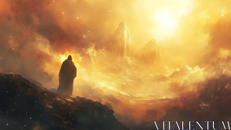 Wanderer in golden mist walking toward distant sunlit peaks.