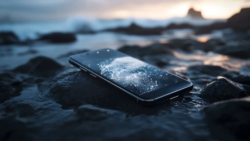 Smartphone Balancing Water's Edge at Dusk