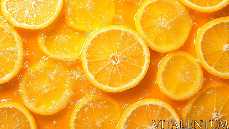 Macro closeup of lemon slices immersed in effervescent liquid