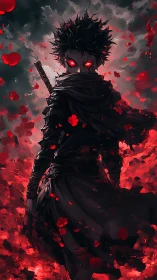 Blazing petal ronin with infernal eyes in stormed dusk.