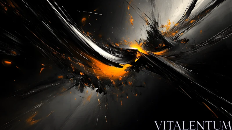 Fiery abstract shards erupt through sweeping metallic darkness