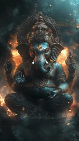 Divine Ganesha icon in fiery cinematic lighting scene.