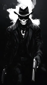 Skull-faced gunman emerges from smoke in noir darkness.