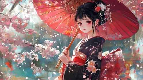 Anime girl in kimono under red umbrella with blossoms.