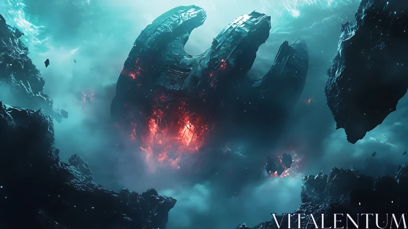 Colossal fractured starship burning amid cyan nebula field.