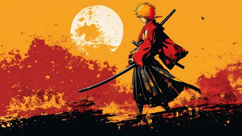 Samurai figure with dual swords against orange moon backdrop.