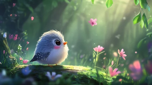 Adorable Fluffy Bird in Enchanted Forest, Whimsical Art Style.