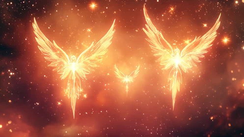 Luminous winged figures in symmetrical celestial formation.