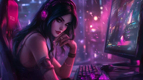 Cyber gamer girl glows in neon-lit streaming command center.