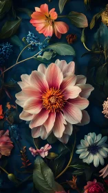 Layered Dahlia Composition with Warm Floral Tones Against Deep Teal Background