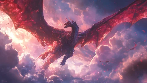 Crimson dragon soars through iridescent storm clouds at dusk.