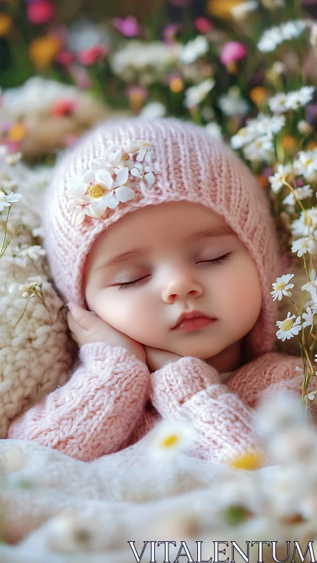 Sleeping Infant in Floral Field Surrounded by Daisies.