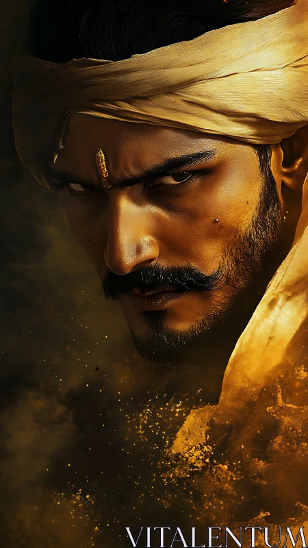 Warrior portrait burns through swirling golden dust storm.