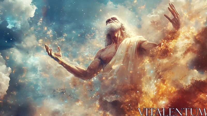 Celestial elder ascending through radiant cosmic clouds.