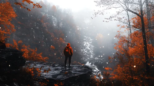 Lone hiker overlooks misty autumn gorge in orange glow.