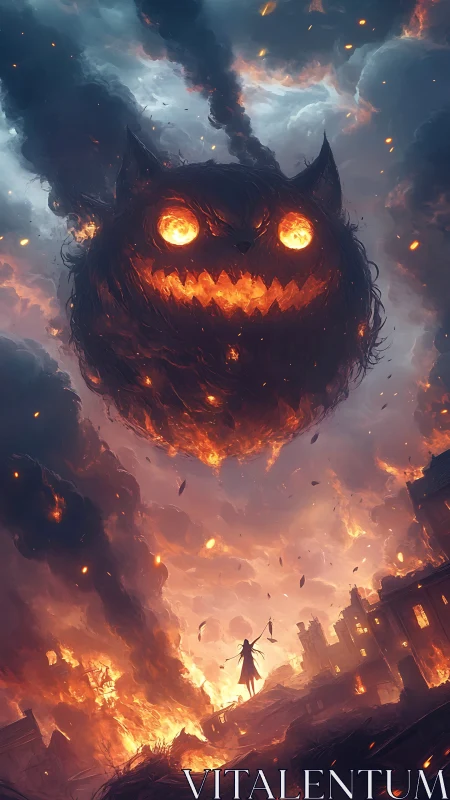 Giant flaming cat demon looms over burning ruined cityscape.
