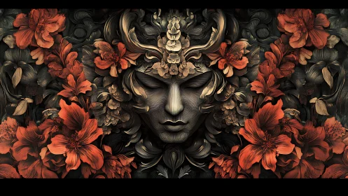 Symmetrical floral-enveloped face with ornate botanical detailing.