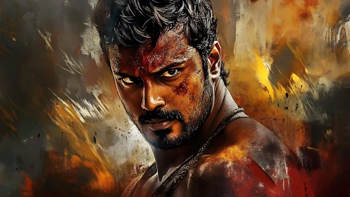 Fierce wounded warrior portrait against fiery backdrop.