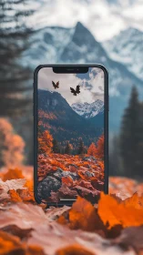 Smartphone frame captures vivid autumn mountain landscape.